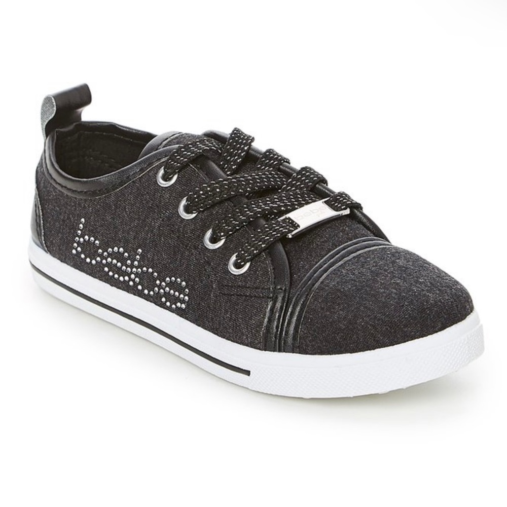 NWT BEBE GIRLS CHARCOAL SNEAKERS BEBE RHINESTONES GLITTERY LACES BEBE CHARM 2/3